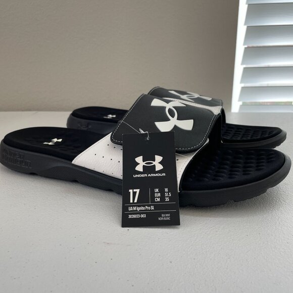 NEW $40 Under Armour Mens Size 17 UA Ignite Pro SL Slide Sandals Black White - Picture 5 of 8